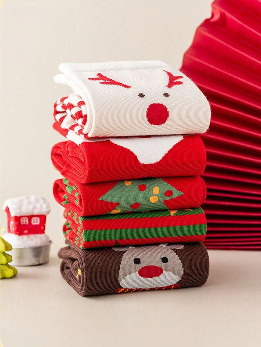 5 pares de calcetines de tripulación navideños unisex, calcetines suaves y cómodos, calcetines casuales de media pantorrilla, calcetines de algodón, calcetines cálidos adecuados para atuendos navideños de invierno