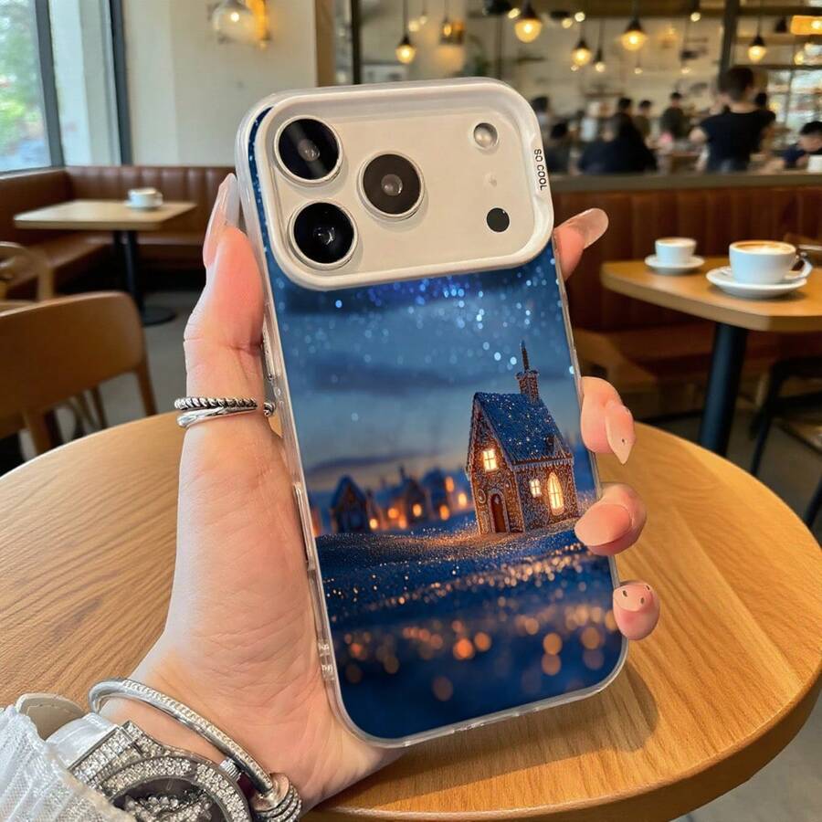 Funda de Teléfono Diseño de Escena Nocturna de Cabaña Azul de Invierno para iPhone 14 15 Pro Max y Galaxy S23 S24 Series, Regalo Ideal para Todas las Estaciones - Negro - Ver 1