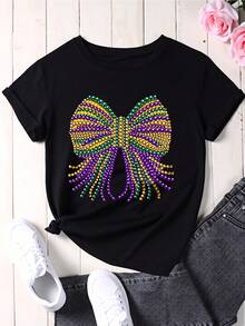 Mardi Gras Beaded Bow T Shirt Women Casual Graphic Tee Party Festival Wear White Top - 黑色 - 查看 2