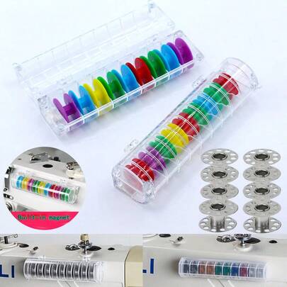 10件套通用磁性线轴收纳盒，包含9个耐用金属线轴，透明紧凑设计，方便收纳线材，兼容平缝机、双针缝纫机和老式缝纫机，是裁剪、绗缝和DIY缝纫项目的理想之选。