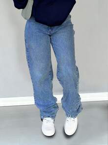 NVFelix 女士宽松直筒牛仔裤，做旧水洗，优雅时尚，Y2K街头户外风格，无弹面料，休闲百搭，适合春夏穿着，蓝色，2026新款 - 藍色 - 查看 2