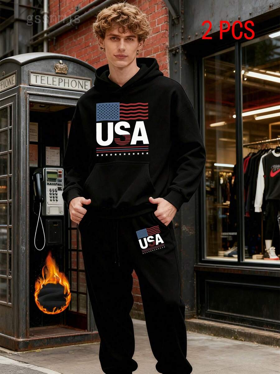 (2 PCS) USA Hoodies 2 Set Festive Cozy Plush-Lined Men's Hoodie - American Flag Print, Long Sleeve Pullover With Kangaroo Pocket, Perfect For Fall & Winter, Youth, Free, Men's Clothing - 黑色 9 - 查看 1