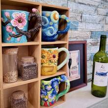 1 Set Ceramic Hand-Painted Van Gogh Oil Painting Coffee Cup & Saucer (180ml/6oz), Large Capacity Mug (380ml/13oz), 3D Sculpture Apricot Blossom, Iris, Starry Sky, Sunflower Tea Cup With Handle, 1pc Round Saucer, 1pc Spoon, Valentine's Day, Mother's Day, Christmas Gift, Unique Home Tabletop Decor