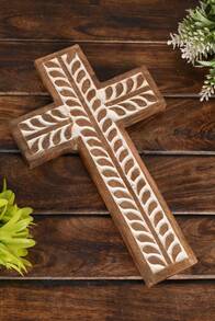 Mango Wood Religious Catholic Cross Wall Hanging Floral Carvings Living Room Home Décor For Entryway Office Living Room (10" X 6" X 0.75") - 彩色 - 查看 5
