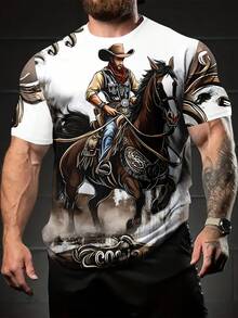 Men'S Summer Digital Print T-Shirt With Cowboy On Horse Design, Casual Comfortable Short Sleeve Crew Neck Tee, Versatile Fashion Top For Casual Attire - 彩色 - 查看 2