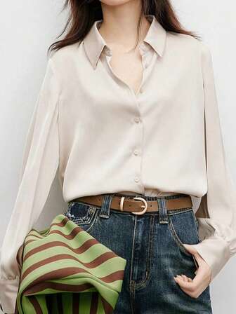 Women's Casual Versatile Commute Solid Color Front Button Office Shirt