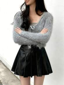 Short Solid Color Pattern Knitted Cardigan For Autumn/Winter - Grey - View 3