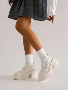 SRSOO Pantofi Mary Jane albi noi, cu toc gros și gros, cu vârf rotund și talpă groasă, stil retro francez, casual, pentru femei, de vară - alb - Vizualizare 8