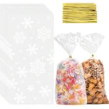 Snowflake Christmas Treat Bags 100PCS Winter Xmas Cellophane Bag Plastic Cello Xmas Clear Frozen Cookie Candy Snack Goodie Gift Bag With Twist Ties For Christmas Winter Holiday Party Favors Supplies - 雪花100個 - 查看 2