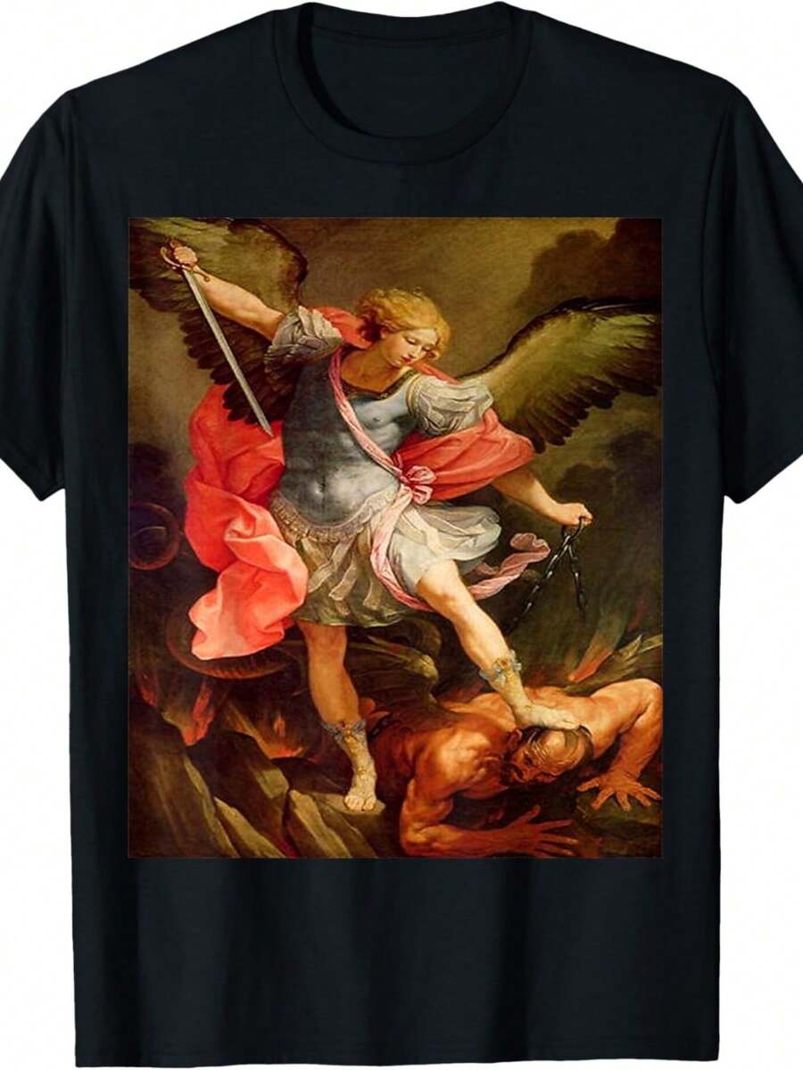 Angels Archangel Michael Defeating Satan Christian Warrior T-Shirt - 黑色 - 查看 1
