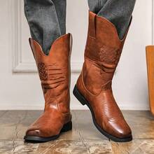 2026新款西部牛仔风过膝长靴，男士复古棕色软皮刺绣高帮靴，侧拉链工装靴，日常骑行靴，男士高帮皮靴，男鞋，皮鞋 - 棕色 - 查看 10