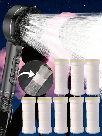 1个手持式高压淋浴喷头，超强水流，配有8个进口过滤棉/易于安装，无需用电，适合家庭使用，浴室配件 | 实用浴室用品 | 吸睛淋浴喷头，淋浴喷头和负离子过滤棉。