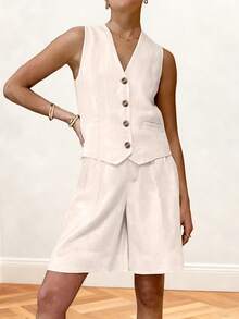 Women's Spring/Summer Lightweight Elegant Top And Mid-Length Shorts Basic Commute Faux Linen Texture Solid Color V-Neck Button Decor Vest And Comfortable Shorts 2 Pieces Set - Khaki - View 2