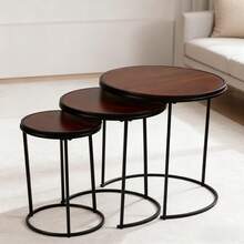 Three-Piece Modern Minimalist Round Coffee Table/Coffee Table Set | Available In Multiple Sizes, Suitable For Living Rooms, Offices, And Outdoors, Made Of Solid Wood And Metal. - Khaki - View 4