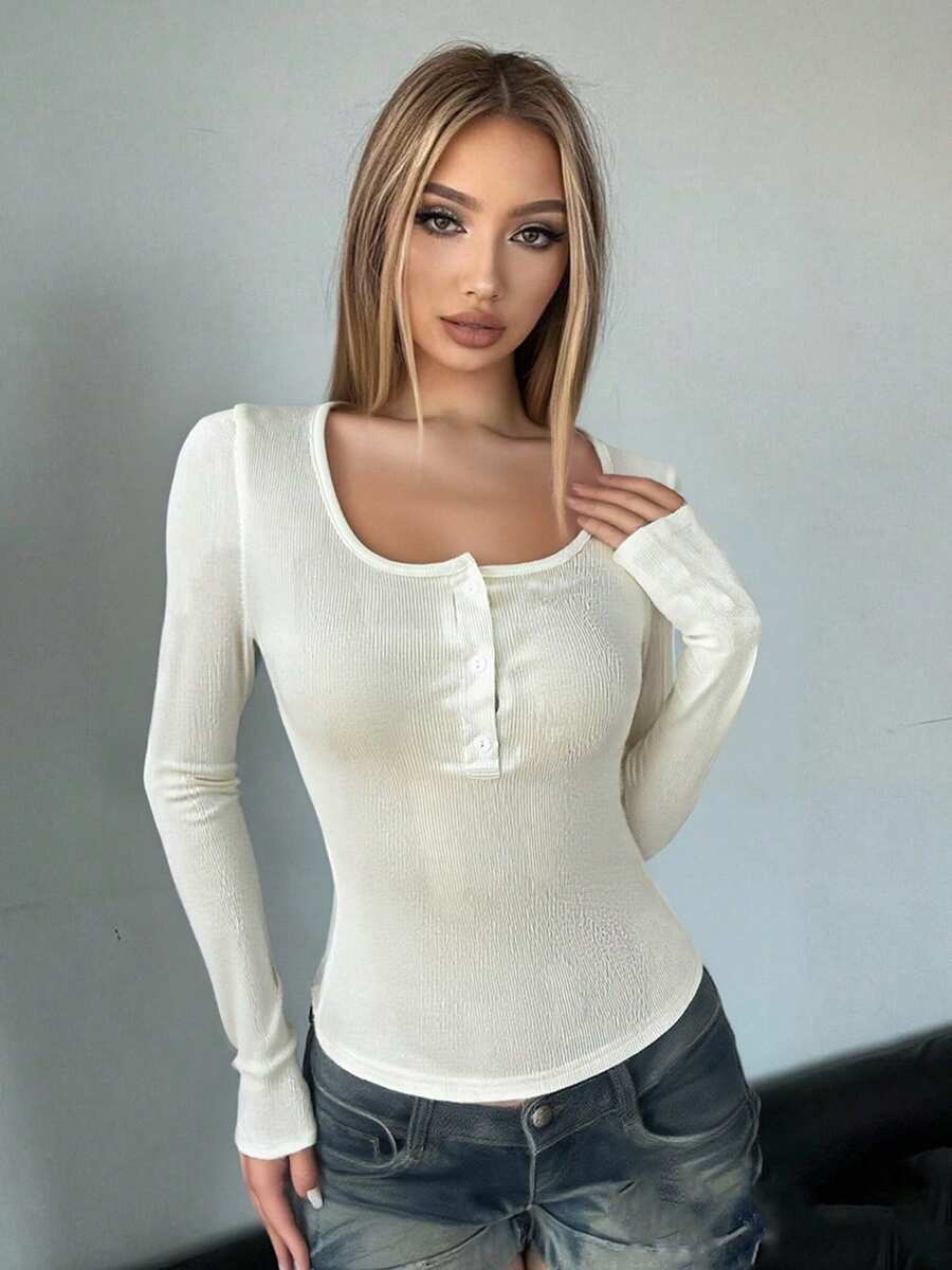 Womens Tops Fall Long Sleeve Square Neck Solid Color Casual Ribbed Slim Fit Upper Button Shirts - White - View 1