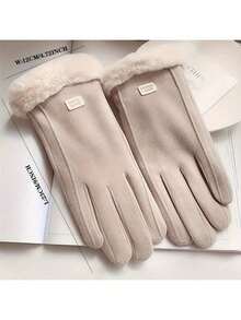 1 Set Women's Winter Touchscreen Warm Gloves / Unisex Winter Earmuffs, Made Of Comfortable Solid Color Plush Material, Thickened Beige Fur-Trimmed Gloves, Non-Elastic Cold-Proof Gloves For Outdoor Activities And Daily Use, Comfortable Design, Thermal Lined, Casual Style - Multicolor - View 2