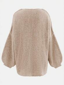 Women's Loose-Fit Plain Sweater, Casual Fall & Winter Knitwear, Lantern Sleeve Design, Moderate Fabric Thickness, Comfortable Daily Wear - Khaki - View 4