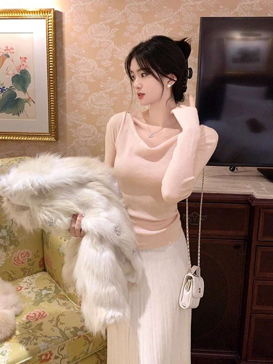 New Arrival Casual Loose Fit Cowl Neck Soft Wool Knit Sweater Top - Pink - View 1