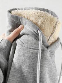 女士浅灰色连帽卫衣，加厚保暖羊毛内衬，套头款式，带袋鼠口袋，适合冬季穿着 - 淺灰色 - 查看 2