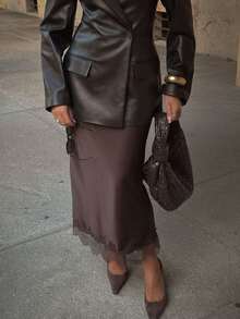 Women Fashion Lace Splicing Skirt Satin Split Hem Midi Skirts Woman Chic Elegant Party Lady Sexy Skirt - Chocolate Brown - View 8