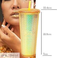 Vaso Texturizado Prismas Neón Durian de Doble Pared con Tapa de Doble Rosca y Popote de 24 Onzas 710 ml (Sirena Fiusha Neon Rosa) - Sirena Fiusha - Ver 7