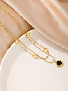 1pc Fashionable Double Layer Gold-Tone Chain Necklace With Roman Numeral Pendant, Simple & (OPP Bag Packaging) - Yellow Gold - View 2