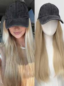 Mũ nồi đan màu đen 24 inch với tóc giả dài thẳng màu vàng, có thiết kế bằng sợi tổng hợp tích hợp, phù hợp với phụ nữ và có thể đội với mũ. - Vàng - Xem 12