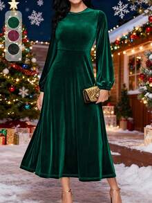 秋冬圆领修身高腰长袖丝绒连衣裙，优雅女士春季连衣裙 - 綠色 - 查看 1