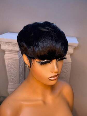 Pixie-cut peruk för kvinnor Äkta hår 1B färgad peruk med äkta hår Kort peruk för kvinnor Ta på och gå peruk Utan spets Framtill Hel maskintillverkad Pixie-peruk för kvinnor Frisyr Limfria peruker För dagligt bruk