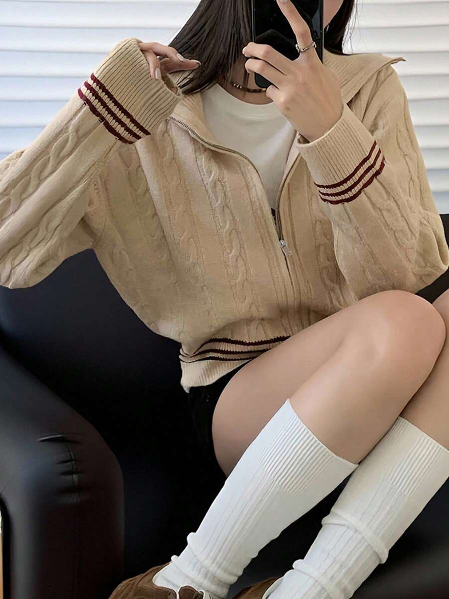 女式学院风翻领拉链针织开衫,秋冬 - 淺卡其 - 查看 1