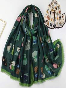 2件装女士波西米亚风流苏动物猫印花围巾披肩 - 兩件套 - 查看 4