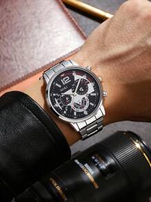 This Fashionable Men's Quartz Watch Set Includes 1 Necklace, 1 Bracelet, And 1 Ring, Featuring A Calendar Function, A Zinc Alloy Case, A Round Dial, And Electronic Hands. It Is A Perfect Choice For Daily Wear, And Also An Ideal Gift For Birthdays, Parties, And Holiday Gatherings - To Treat Yourself Or Give To Friends. (Gift Box Not Included) - Silver - View 5