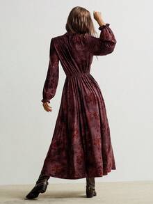 Rusttydustty فستان نسائي أنيق بطبعة زهرية ريترو ذو ياقة عالية وأكمام طويلة، بطبعة مخملية باللون البرغندي، مناسب للموسم الانتقالي بين الخريف والشتاء