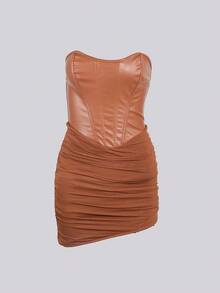 Apperloth A Vintage Asymmetric Hem Ruched Boned Mesh Splicing PU Leather Tube Corset Bodycon Mini Dress For Halloween Party Sexy Music Festival Elegant - Brown - View 7