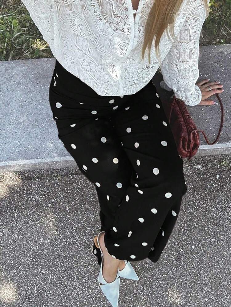 SOLTRB New Women's Fashion Polka Dot Elastic Waist Straight Leg Pants, Suitable For Daily Commute, Casual And Holiday - Black - View 6