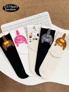 2/5/10 đôi tất dài đến giữa bắp chân cho cặp đôi, tất cho cặp đôi mọi mùa, tất cổ cao dễ thương đa năng cho nữ, họa tiết mèo hoạt hình Ding Dong Ins phong cách Nhật Bản - Nhiều màu - Xem 1