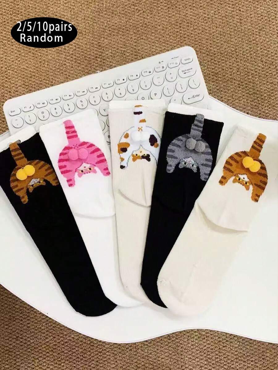 2/5/10 đôi tất dài đến giữa bắp chân cho cặp đôi, tất cho cặp đôi mọi mùa, tất cổ cao dễ thương đa năng cho nữ, họa tiết mèo hoạt hình Ding Dong Ins phong cách Nhật Bản - Nhiều màu - Xem 1