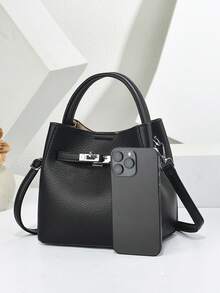 Classic Black Litchi Texture 3-In-1 Bag, Metal Buckle Decor Handbag, Durable And Versatile, Large Capacity, Multi-Way Carrying Suitable For Various Occasions, Ideal For Daily Street Style And Commuting - Black - View 4