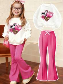 Tween Girls' Heart Print Crew Neck Sweatshirt And Flare Pants Casual Outfit - Hot Pink - View 1