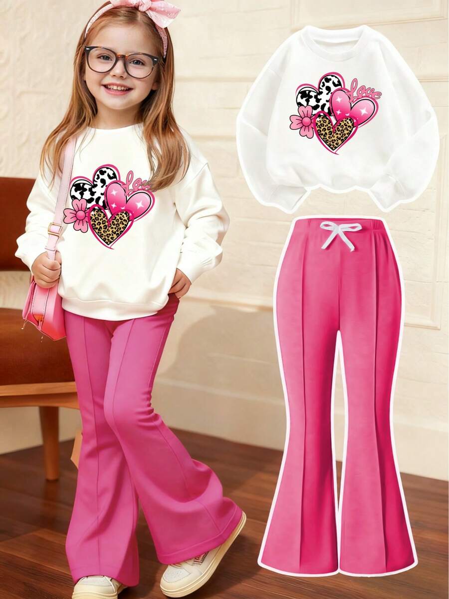 Tween Girls' Heart Print Crew Neck Sweatshirt And Flare Pants Casual Outfit - Hot Pink - View 1