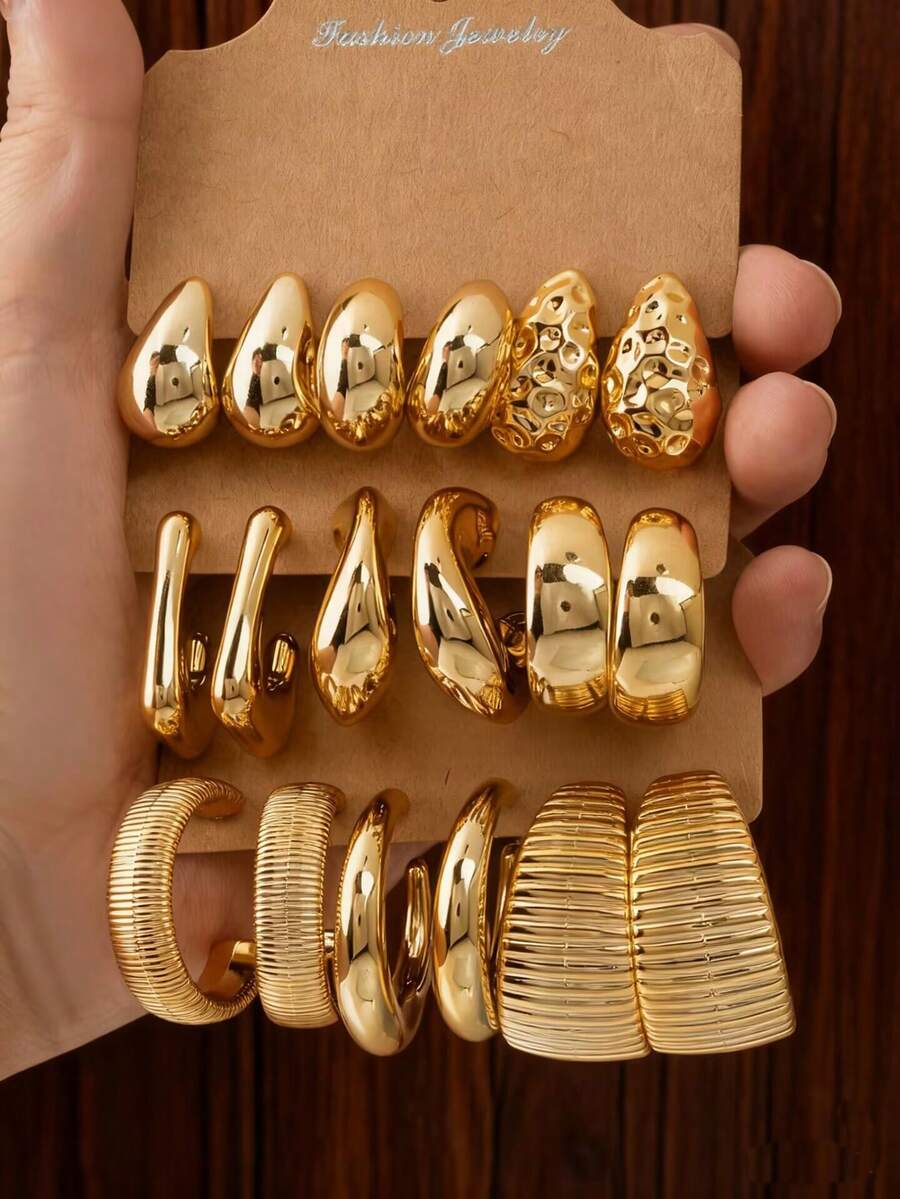 6-18pcs Geometric Textured Teardrop Golden Fashion Bohemian Style Earrings, Suitable As Gifts For Family And Friends For Holidays (Paper Card Packaging)