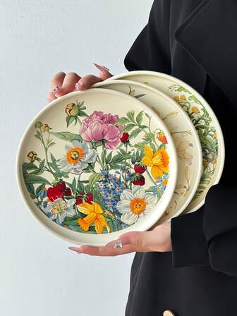 1个法式复古花卉陶瓷盘，清新简约ins风9英寸大容量家用圆形盘，精致手绘水果盘、米饭盘、沙拉盘、意面盘，大容量，可盛放甜点、沙拉，适合斋月、新年、节日、聚会等场合。