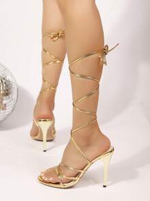 优雅金色高跟法式露趾凉鞋，仙女鞋，新款夏季小众连衣裙搭配罗马凉鞋 - 金色 - 查看 4