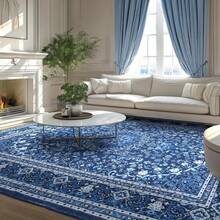 Washable Area Rug 5x7 - Soft Faux-Wool Area Rug Living Room Bedroom, Boho Vintage Floral Medallion Non-Slip Low Pile, Pet Friendly, Blue White - Nâu xanh - Xem 4