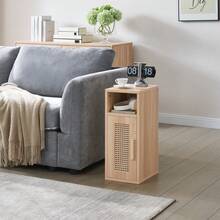 OCTTZ Rattan Bedside Tables, Narrow Side Tables, Boho Nightstands With Magnetic Cabinet Doors, Wooden Nightstands For Living Room, Office, Bedroom, Natural Color - 隔間 - 查看 5