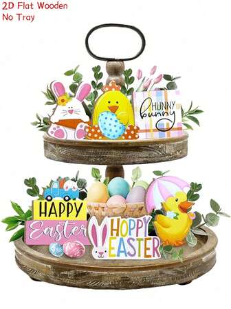 Set de 7 piezas Decoración para Pascua "Hoppy Easter" con huevos y conejitos en bandeja escalonada. Decoración de madera para el hogar, centro de mesa de Pascua, decoración de primavera para bandeja escalonada, regalo festivo. (Sin bandeja)