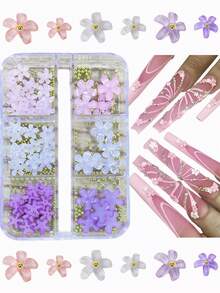 6 piezas/Caja Accesorios de arte de uñas con flores de 5 pétalos de resina ABS en rosa, blanco y morado. Decoraciones de uñas con cuentas doradas, adecuadas para joyería de uñas DIY. Suministros de arte de uñas.