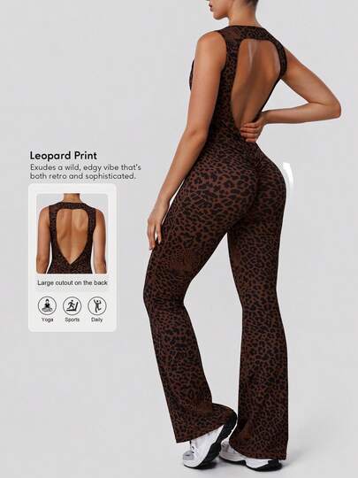 Sodalemon Dam Leopardmönstrad elastisk fitnessjumpsuit med dragkedja, ärmlös rygglös träning gymkläder utsvängda byxor löpning sportjumpsuit
