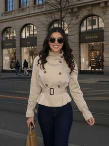 FGGG Double-Breasted Shoulder Strap Women's Khaki Short Trench Coat Autumn Winter Belted Waist British Commuter Style Office Party And Streetwear Women's Jacket