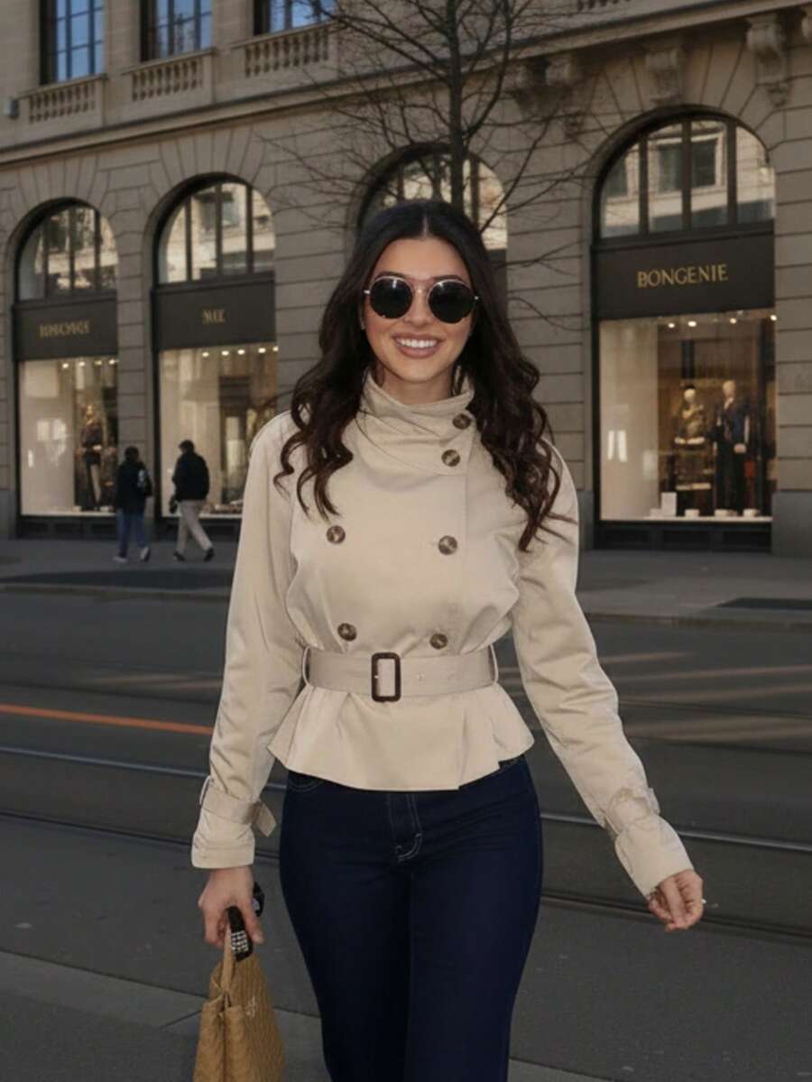 FGGG Double-Breasted Shoulder Strap Women's Khaki Short Trench Coat Autumn Winter Belted Waist British Commuter Style Office Party And Streetwear Women's Jacket